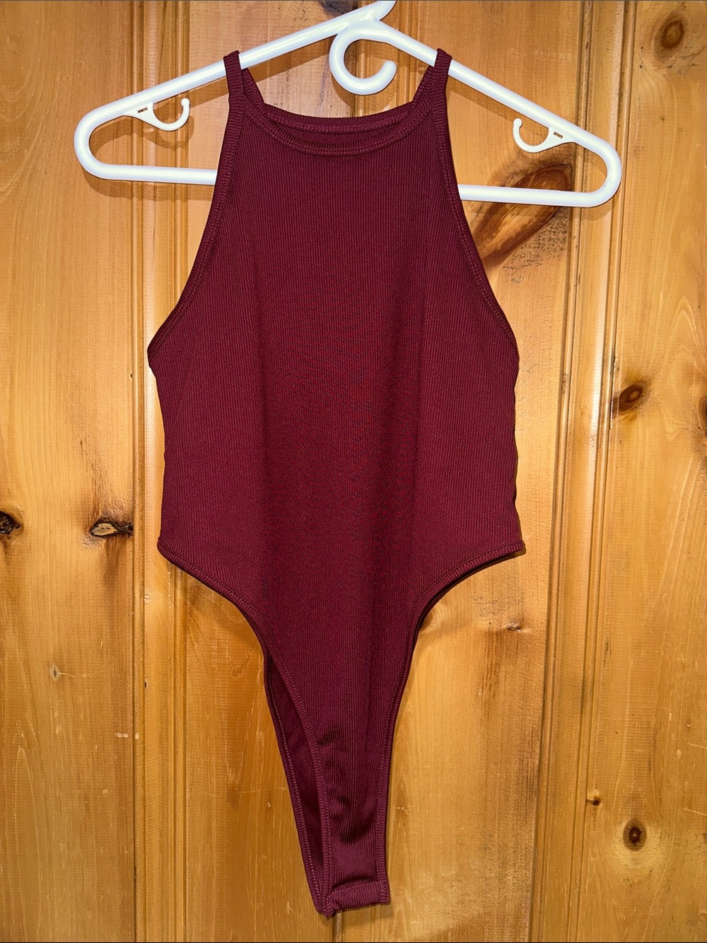 SHEIN Ribbed High-Neck Bodysuit in Burgundy